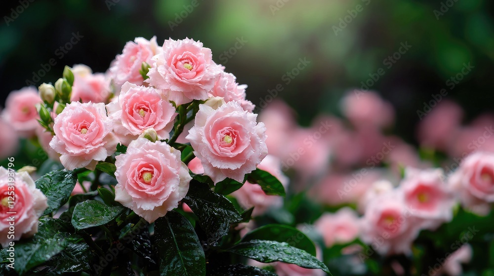 Fototapeta premium Pink roses blooming in garden, raindrops, green background