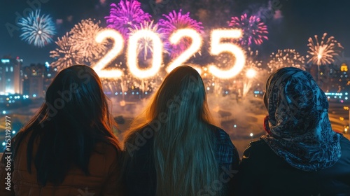 Three women watch 2025 fireworks display.