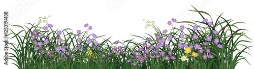 Flowers in the field, green bushes with purple forget-me-not flowers, solid color