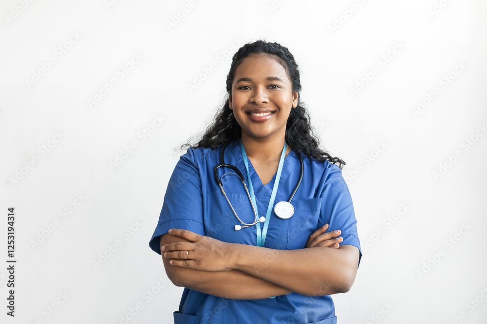 Studio portrait of black confident female surgeon or GP standing against white copy space background with folded arms, wearing blue scrubs and stethoscope. Life saving jobs. Healthcare workers Studio portrait of black confident female surgeon or GP standing against white copy space background with folded arms, wearing blue scrubs and stethoscope. Life saving jobs. Healthcare workers