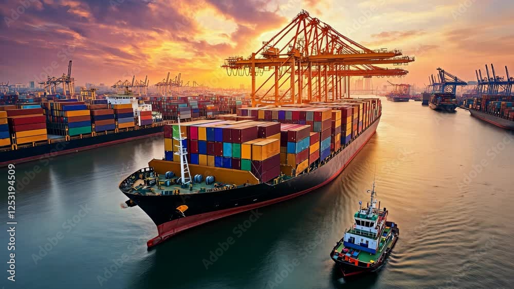Cargo ship docking at busy port during sunset with vibrant colors in the sky