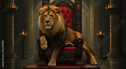 Majestic lion sits regally upon an ornate red and gold throne
