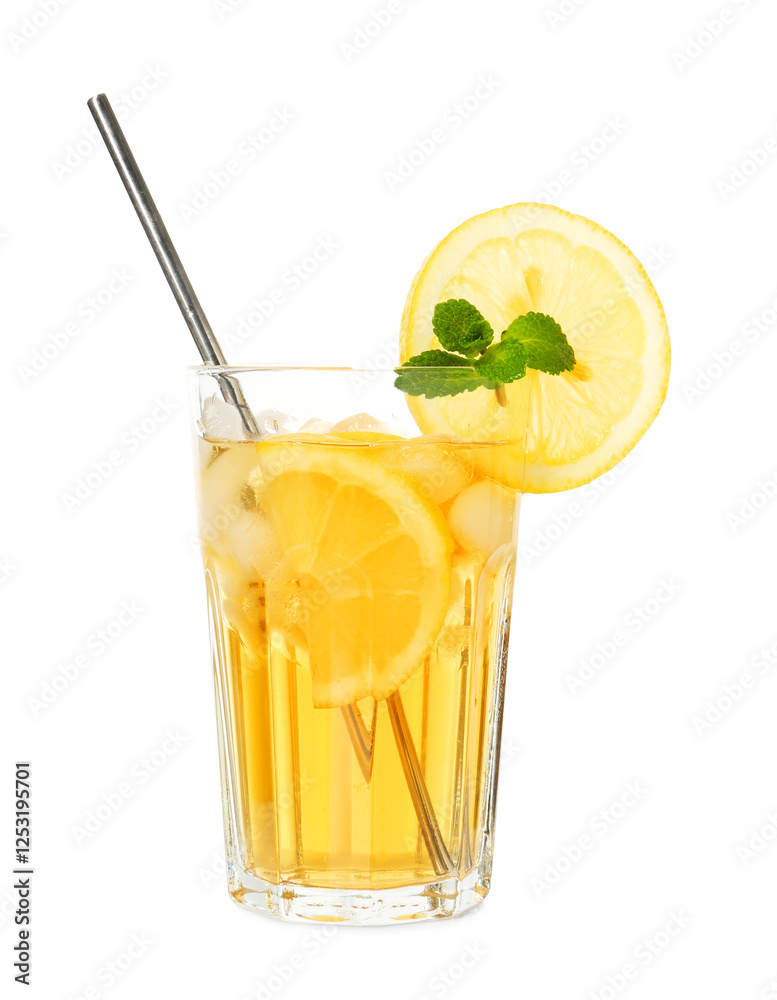 Refreshing iced tea with slices of lemon, mint and drinking straw in glass isolated on white Refreshing iced tea with slices of lemon, mint and drinking straw in glass isolated on white