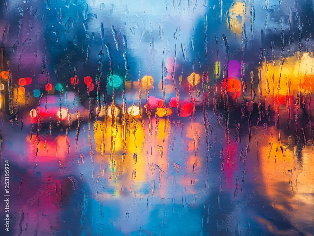 Fototapeta premium Vibrant Fluid Shapes Create a Symphony of Color Amidst Raindrops on Glass, Revealing the Beauty of Urban Nightlife in a Mesmerizing Display of Lights and Reflections. Generative AI