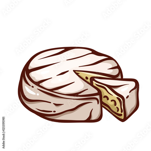 Brie triangle piece cut from whole round head line icon. Outline hand drawn fresh soft creamy cheese. Dairy product, French cuisine mascot, delicatessen Brie appetizer icon vector illustration