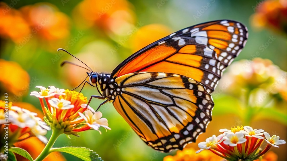 Vibrant Orange and White Spotted Butterfly on Flower, Rule of Thirds Composition Vibrant Orange and White Spotted Butterfly on Flower, Rule of Thirds Composition