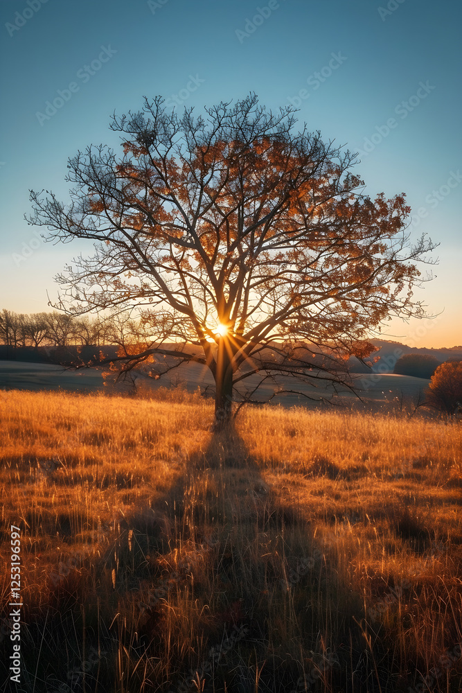 Solitary Tree in Sunlit Meadow: Embracing Nature's Beauty and Imperfections Solitary Tree in Sunlit Meadow: Embracing Nature's Beauty and Imperfections