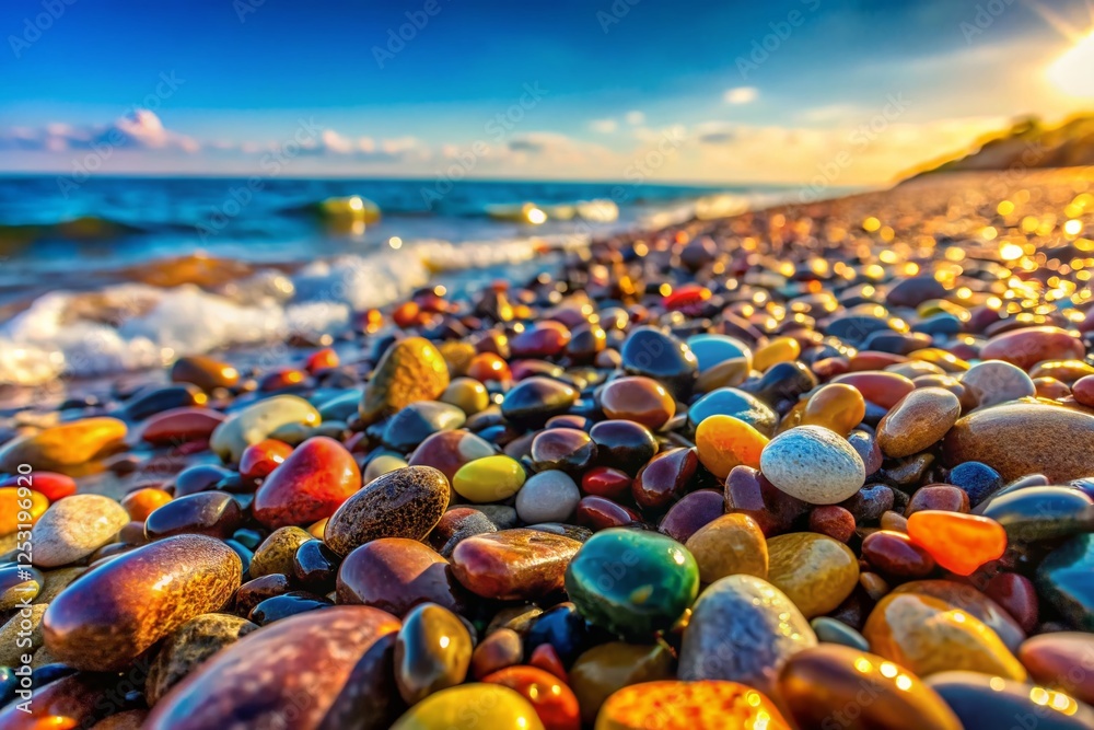 Vibrant Pebbles Beach in Europe: Colorful Coastal Scene with High Depth of Field