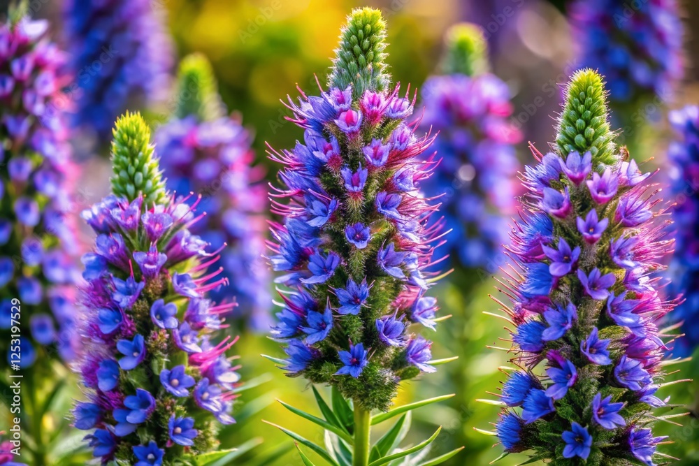 Fototapeta premium Vibrant Purple Echium Vulgare Flowers, Blooming Viper's Bugloss Shoots, Wildflower Photography