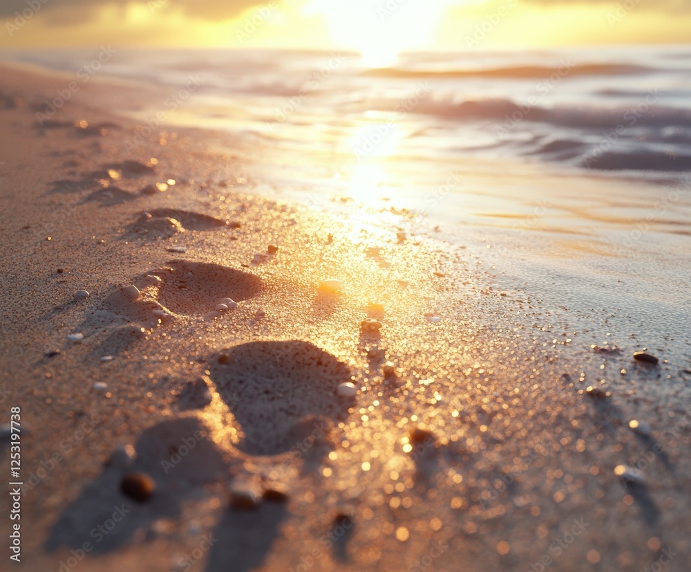 Footprints on the sandy beach at sunset