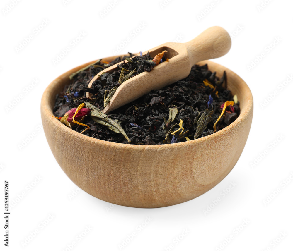 Dry tea leaves in bowl and scoop isolated on white Dry tea leaves in bowl and scoop isolated on white