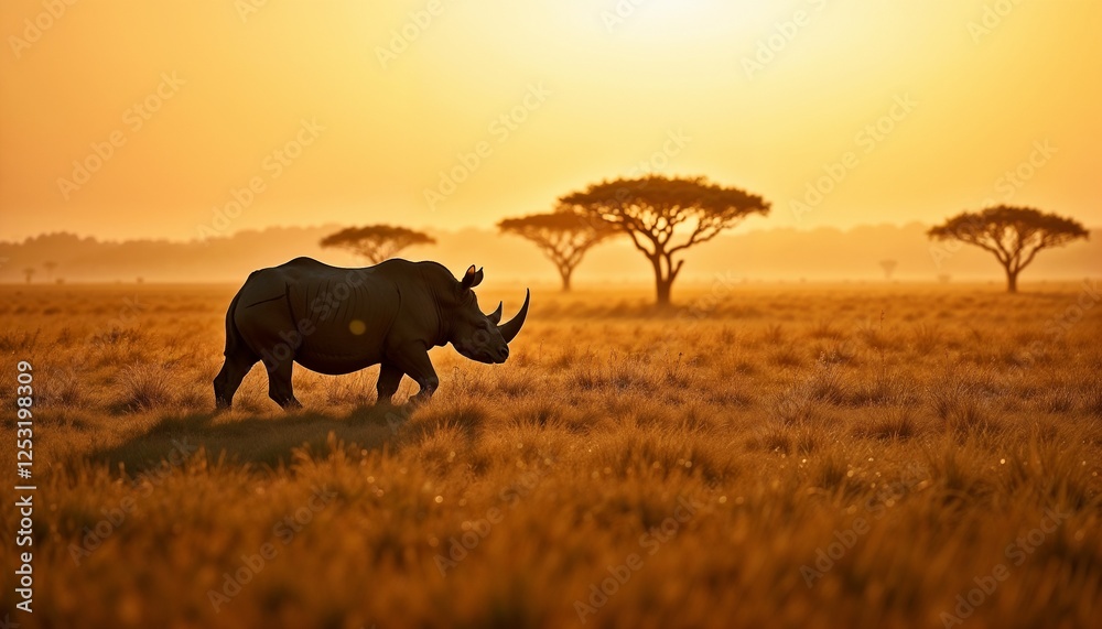 Obraz premium White Rhinoceros Silhouetted Walking Through African Savanna Sunset