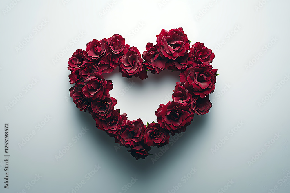 Obraz premium Heart-Shaped Wreath of Deep Red Roses on a Light Grey Background