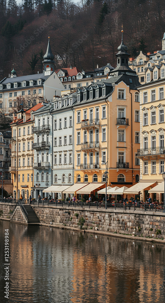 Obraz premium ** Karlovy Vary Charm: Riverside Buildings & Reflections in Czech Republic
