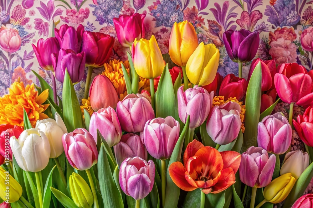 Obraz premium Vibrant Spring Tulips & Flowers Bouquet Pink Floral Wallpaper Background