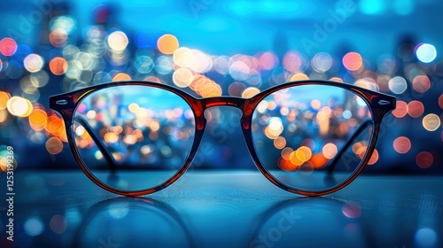 A pair of glasses with a city in the background. The city is blurry and the glasses are in focus