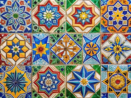 Vibrant Starry Tile Row: Colorful Ceramic Mosaic Background