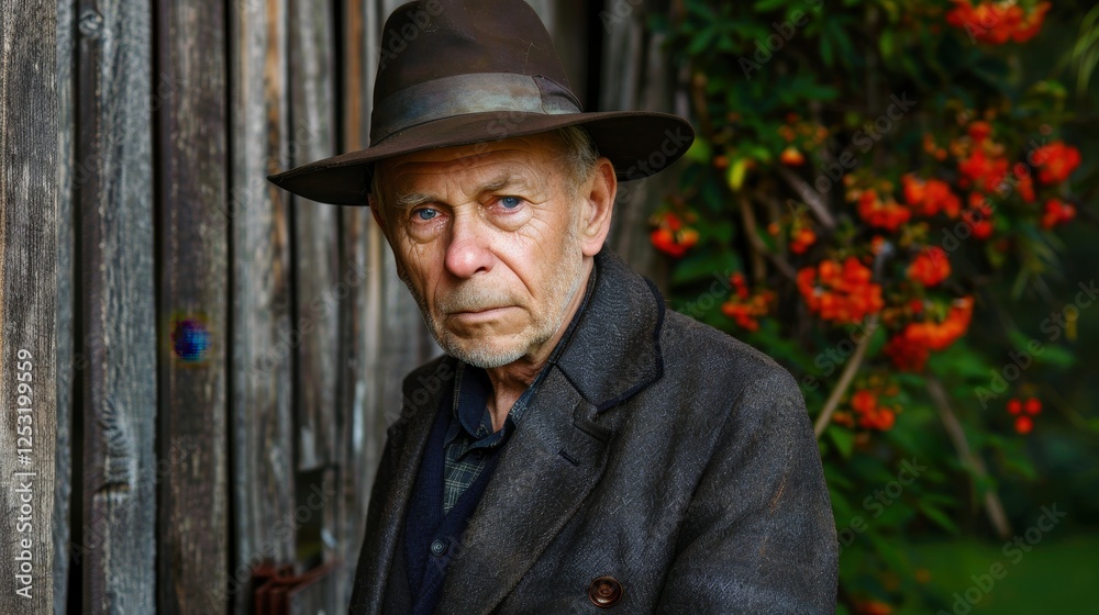 A man wearing a hat and a black coat stands in front of a wooden fence. He looks sad and lonely