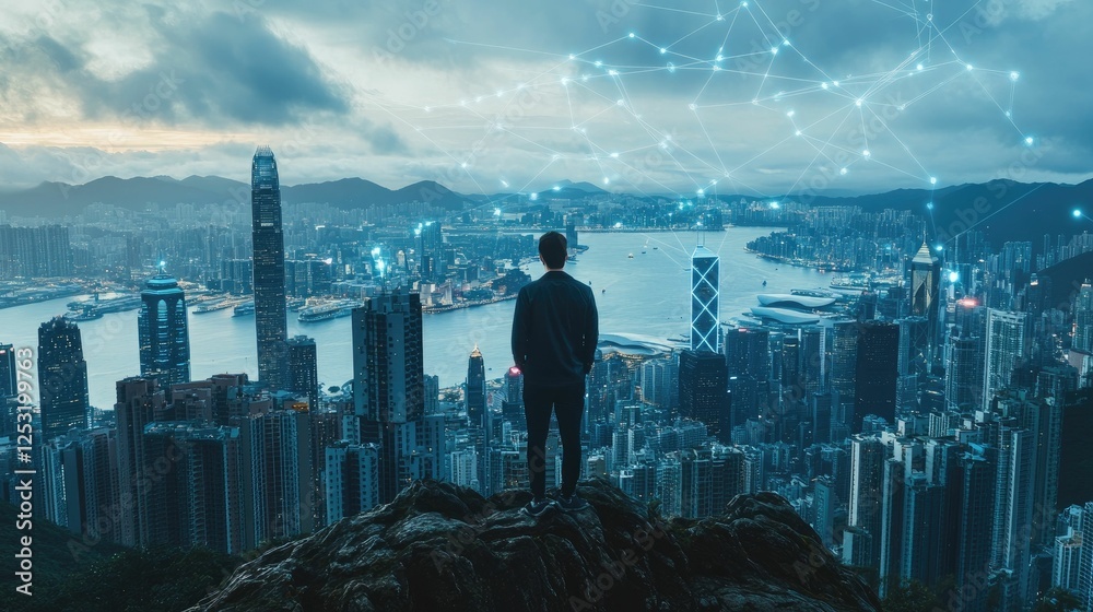Person overlooking illuminated cityscape, network overlay. Person overlooking illuminated cityscape, network overlay.