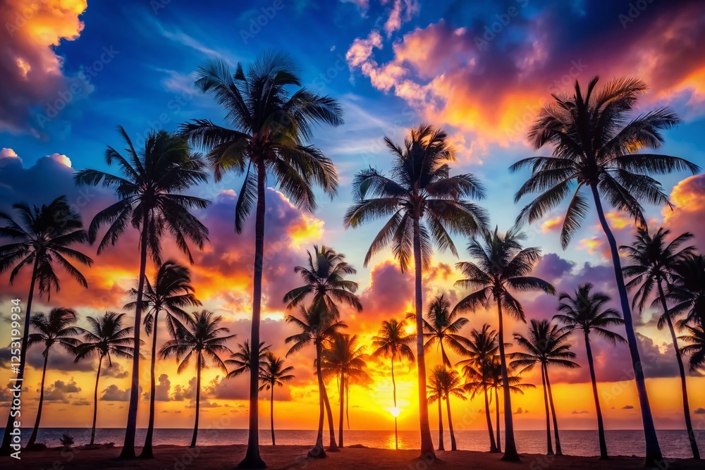 Vibrant Sunset Palm Tree Silhouettes Abstract Background - Soft Hues & Sparkling Light Vibrant Sunset Palm Tree Silhouettes Abstract Background - Soft Hues & Sparkling Light