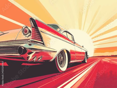 Vintage illustration, classic 1950s car with chrome details, retro poster style, warm nostalgic color palette, scenic countryside road at sunset. Vector