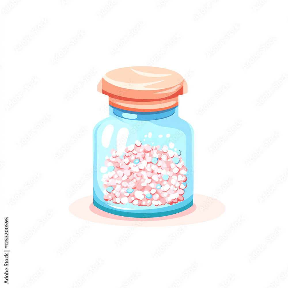 A colorful jar filled with vibrant granules, showcasing a mix of pink and white salt crystals A colorful jar filled with vibrant granules, showcasing a mix of pink and white salt crystals