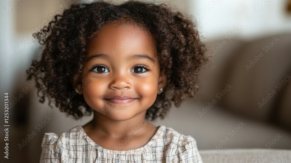 A young girl with curly hair is smiling and looking at the camera. She is wearing a white dress with a checkered pattern A young girl with curly hair is smiling and looking at the camera. She is wearing a white dress with a checkered pattern