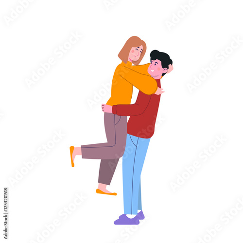Couple of happy young man and woman hugging. joyful teen boyfriend and girlfriend embracing. Flat cartoon vector illustration on white background