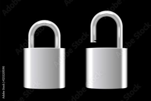 Metallic locks set. Silver closed and open padlocks isolated on black background. Safety and security concept. House protection. Game icons. Realistic vector illustrations.