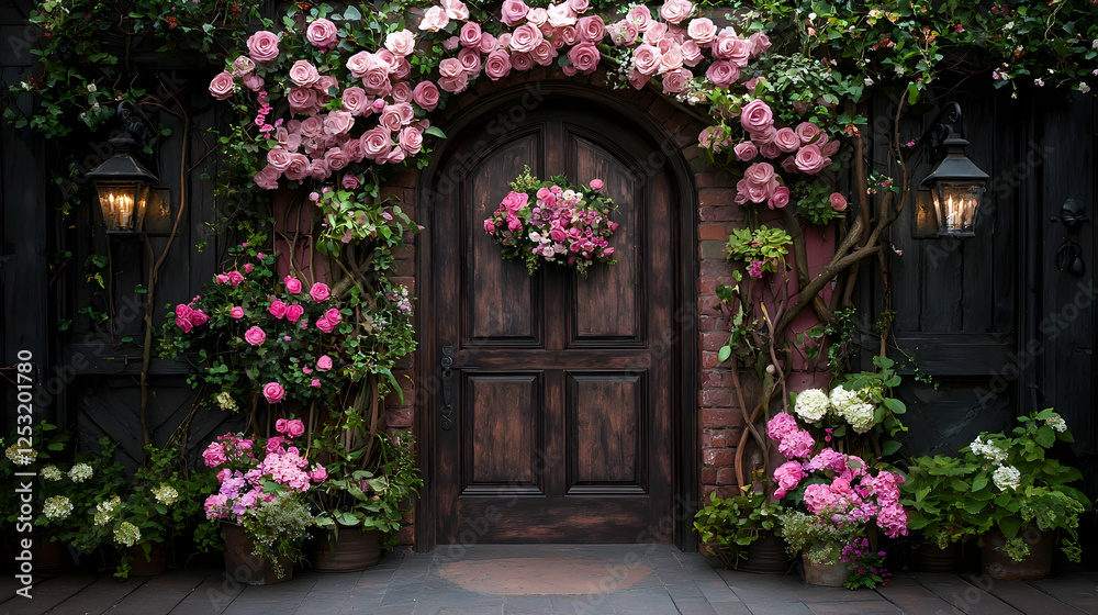 Fototapeta premium Pink roses adorn arched doorway; garden backdrop