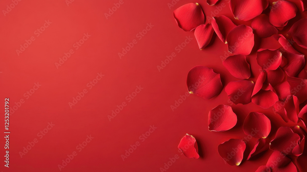 Red rose petals scattered on vibrant red background create romantic atmosphere, perfect for celebrations or special occasions Red rose petals scattered on vibrant red background create romantic atmosphere, perfect for celebrations or special occasions
