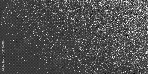 Silver glitter confetti background. Silver glittering dust on transparent background with copy space. Festive holiday shiny luxury backdrop. Abstract vector illustration.