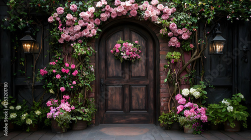 Pink roses adorn arched doorway; garden backdrop