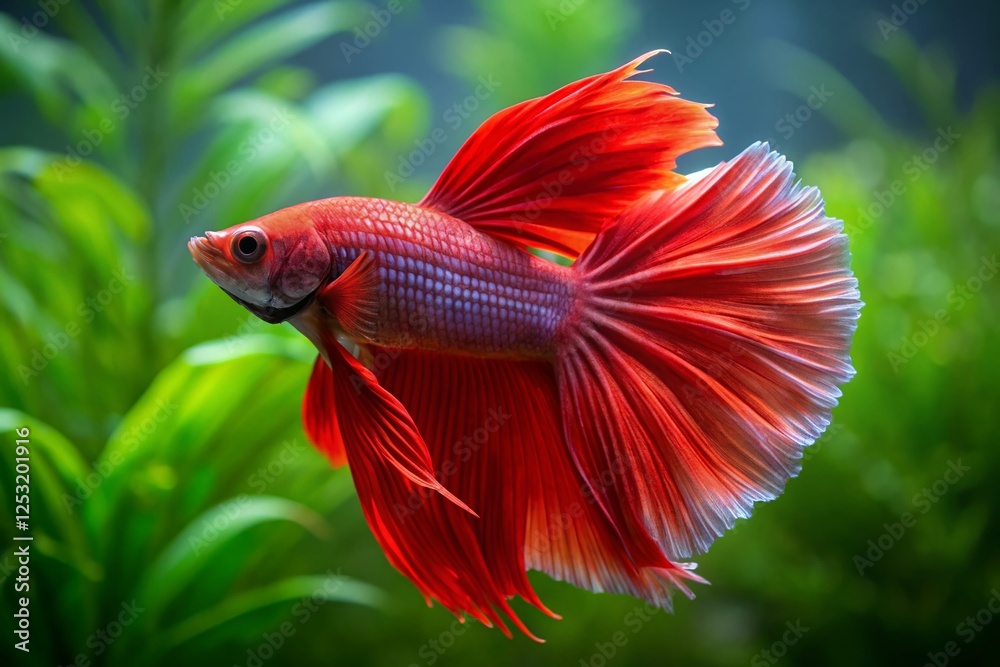 Minimalist Red Betta Fish, Flowing Fins, Tropical Aquarium Minimalist Red Betta Fish, Flowing Fins, Tropical Aquarium