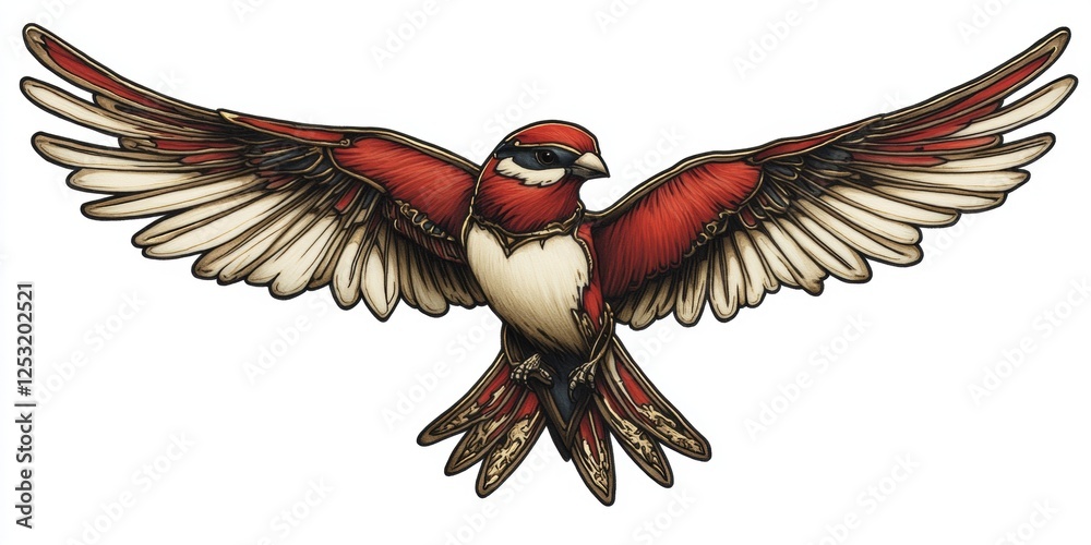 Naklejka premium Vibrant illustration of a soaring red and white bird with outstretched wings against a neutral backdrop