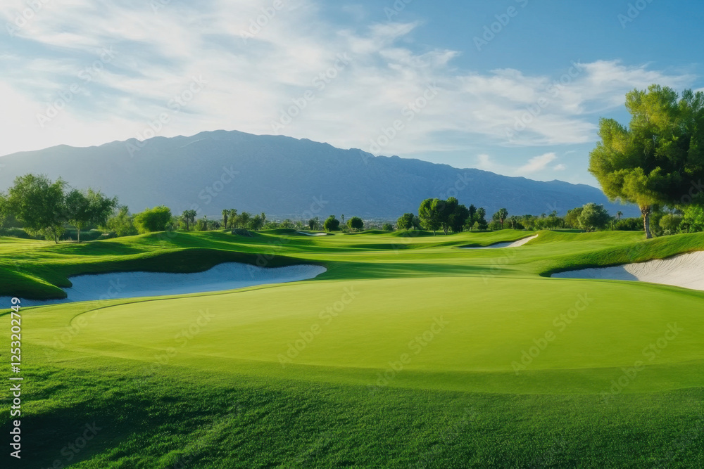 scenic view of golf course in US, featuring lush green fairways, sand traps, and backdrop of mountains under clear blue sky scenic view of golf course in US, featuring lush green fairways, sand traps, and backdrop of mountains under clear blue sky