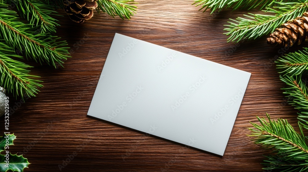 Blank white card on wooden table surrounded by evergreen branches and pinecones, perfect for holiday greetings and festive messages. Blank white card on wooden table surrounded by evergreen branches and pinecones, perfect for holiday greetings and festive messages.