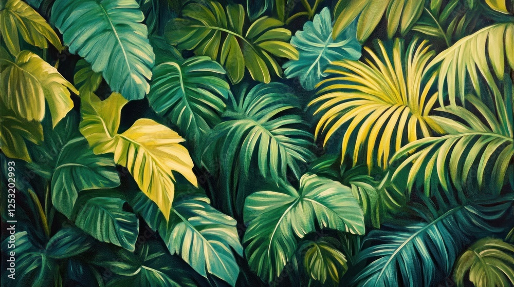 Naklejka premium Lush Tropical Foliage: A Vibrant Green and Yellow Oasis