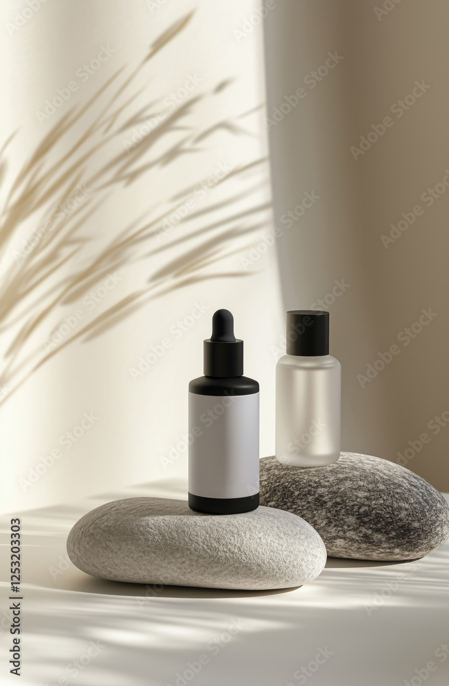 Minimalist skincare bottle mockup with natural shadows and organic stones.