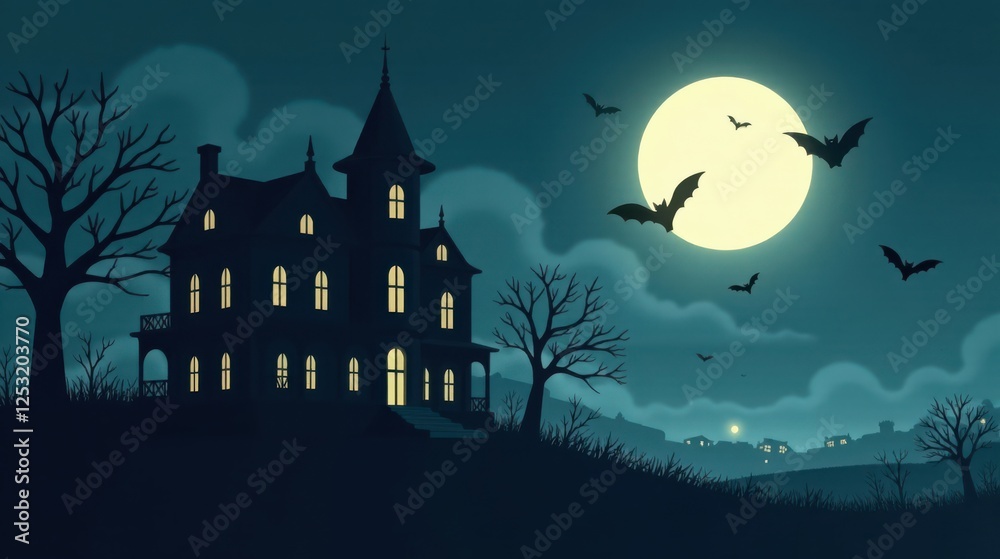 Fototapeta premium Mysterious Mansion on a Hilltop under a Full Moon with Bats Flying