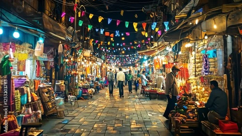 Vibrant Indian city market at night, alive with colorful lights and bustling crowds. Wide shot zooms in on lively scene.