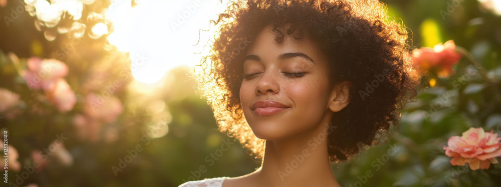 Fototapeta premium Young African American woman with curly hair enjoying the sunshine in a blooming garden, eyes closed in peaceful serenity.