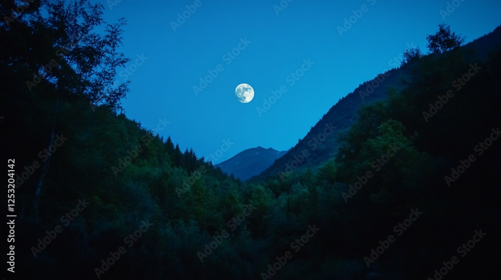 Serene mountain valley bathed in the radiant light of the full moon Serene mountain valley bathed in the radiant light of the full moon