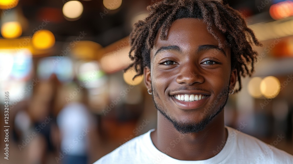 A man with a beard and dreadlocks is smiling at the camera. He is wearing a white shirt and he is in a public place