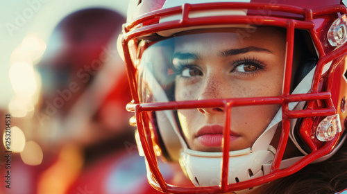 determined woman in football helmet, showcasing focus and strength. background features teammates in similar gear, emphasizing teamwork and athleticism