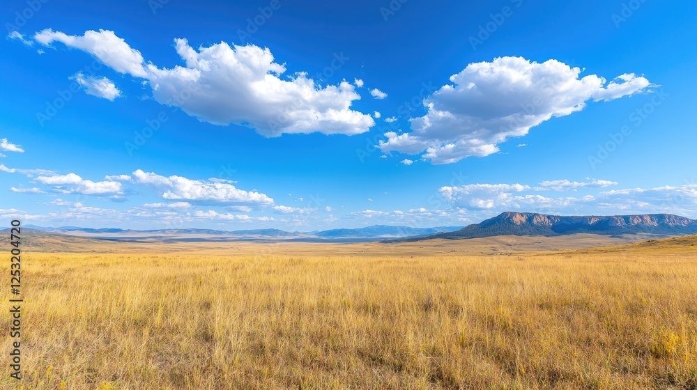 Golden Grasslands under Blue Sky, Mountain View Golden Grasslands under Blue Sky, Mountain View