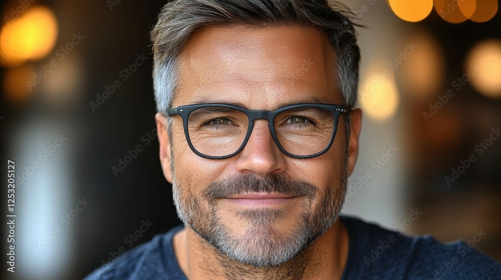 A man with glasses is smiling and looking at the camera. Concept of warmth and friendliness A man with glasses is smiling and looking at the camera. Concept of warmth and friendliness