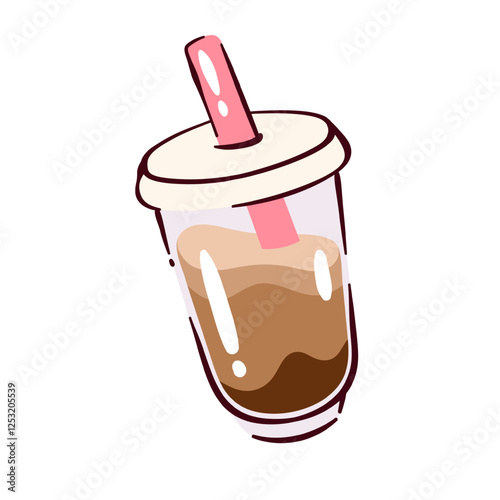 Plastic cartoon cup with coffee cold drink and straw. Funny transparent container with flat lid and milkshake, chocolate. Drink mascot, cartoon cute package of coffee with milk vector illustration