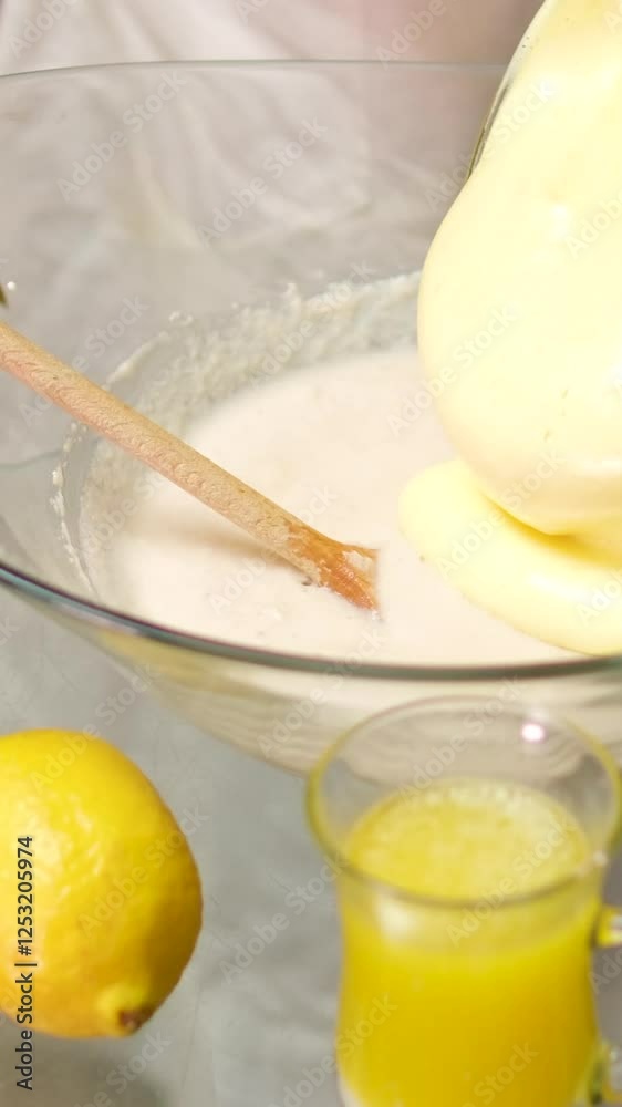 Bakery. Closeup view of a woman beating a key lime pie cream in a glass bowl with an electric mixer. . High quality 4k footage Bakery. Closeup view of a woman beating a key lime pie cream in a glass bowl with an electric mixer. . High quality 4k footage
