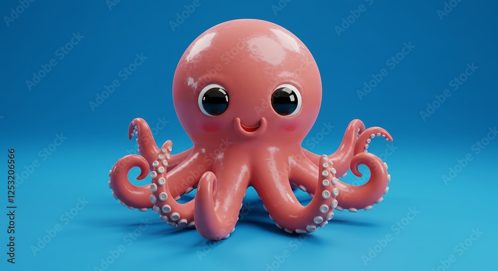 Cartoon octopus with big eyes rests on a blue surface Cartoon octopus with big eyes rests on a blue surface
